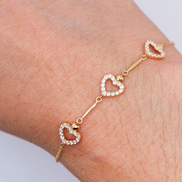 14k yellow gold 3 hearts cz dainty bracelet