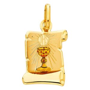 14k yellow gold primera communion pendant with chalice and scroll roll