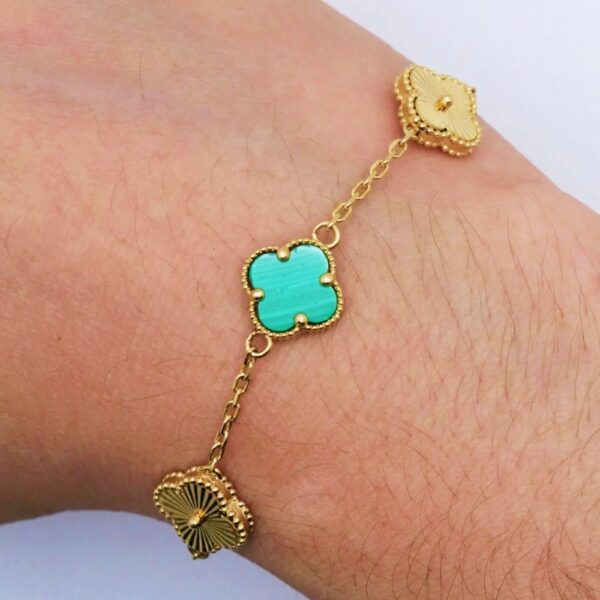 14k yellow gold green malachite clover bracelet