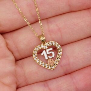 14K Tri-Color Gold CZ Quinceañera 15 Years Heart Pendant