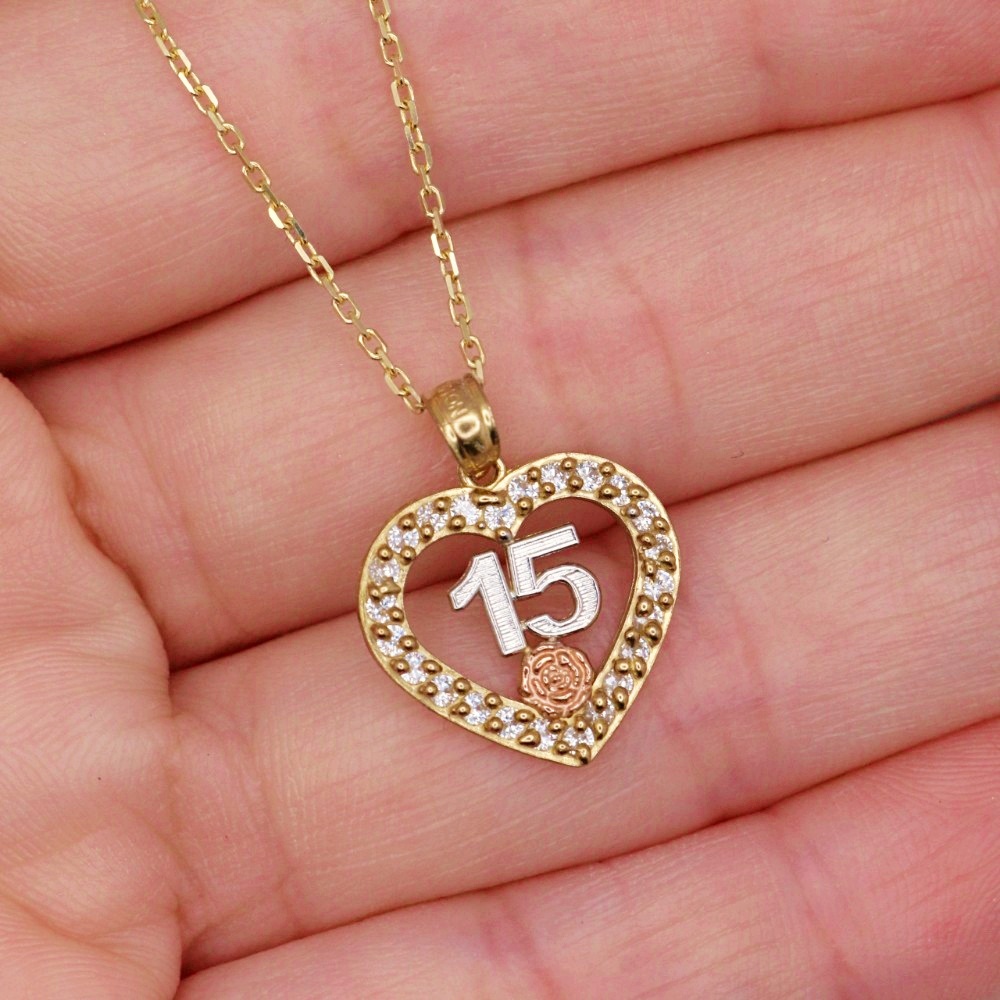 14K Tri-Color Gold CZ Quinceañera 15 Years Heart Pendant