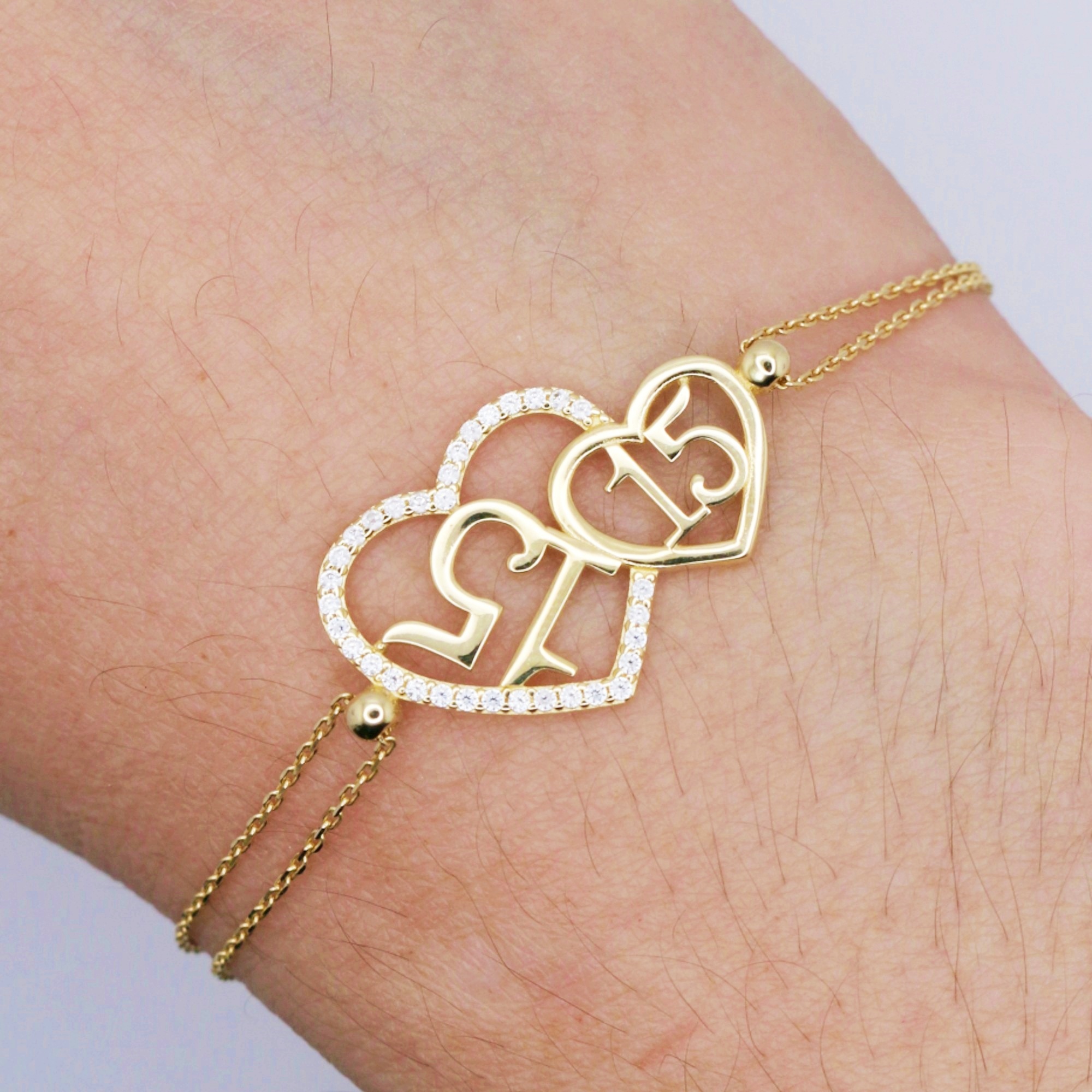 14K Yellow Gold CZ 15 Years Quinceañera Heart Bracelet
