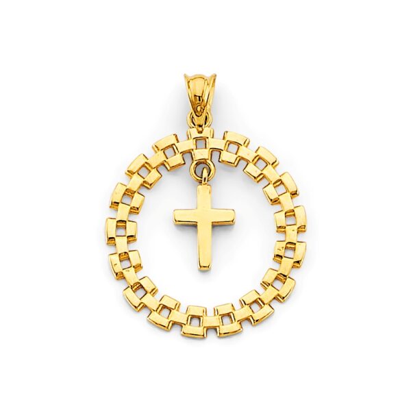14k yellow gold round link cross pendant