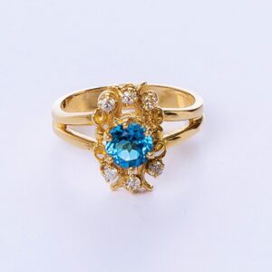14k yellow gold blue cz round fancy ring