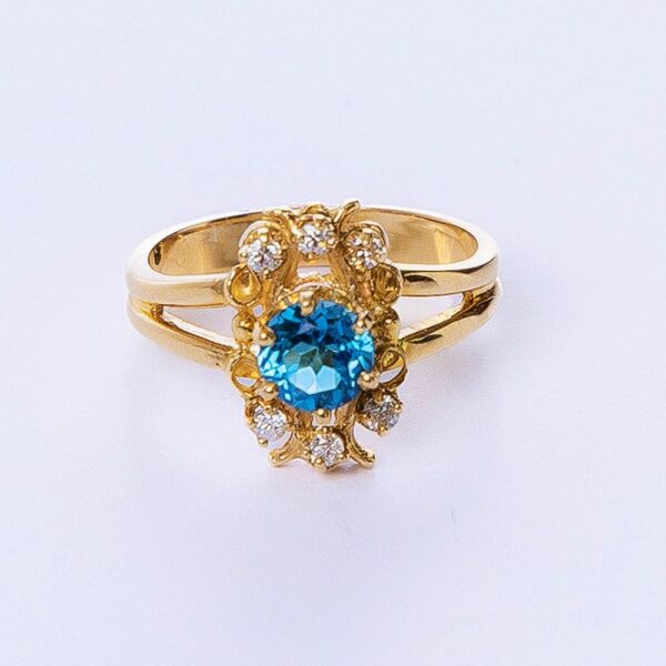 14k yellow gold blue cz round fancy ring