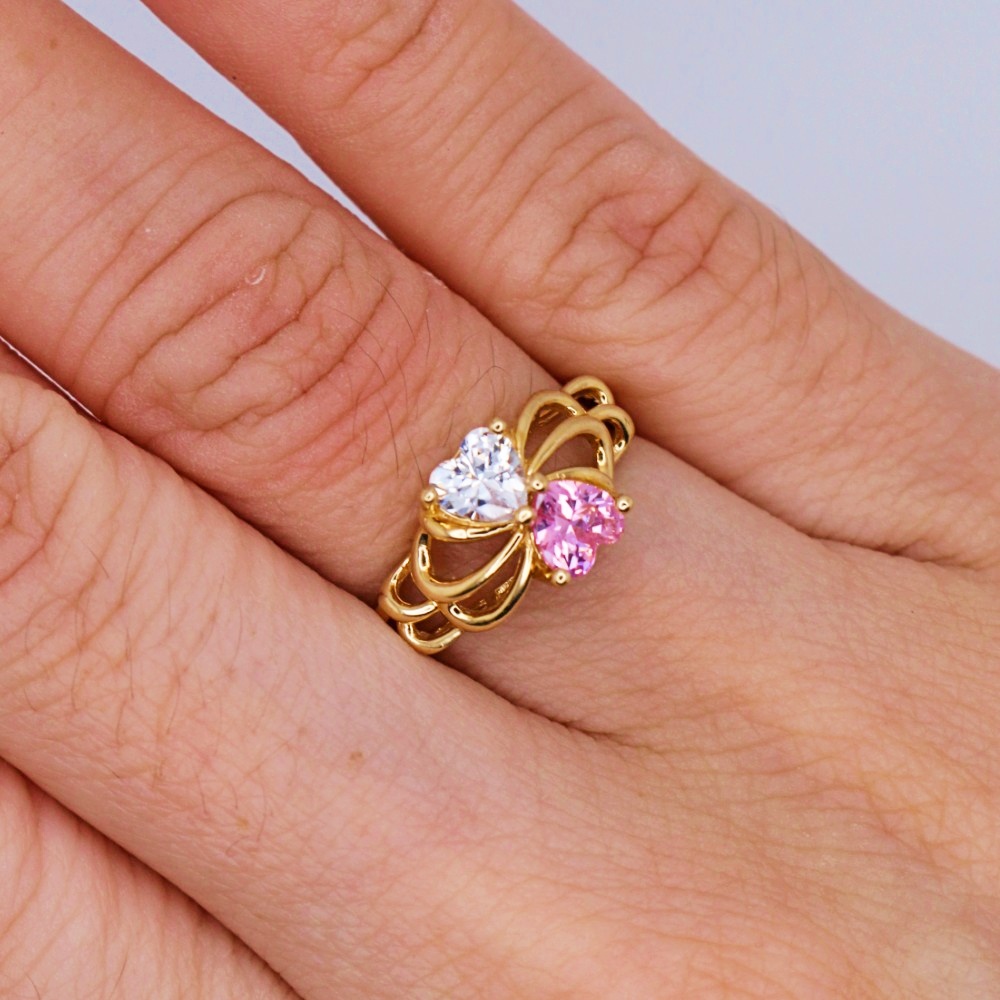 14K Yellow Gold Double Heart Pink/Clear Fancy Ring