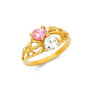 14k yellow gold 2 heart pink & clear cz fancy ring