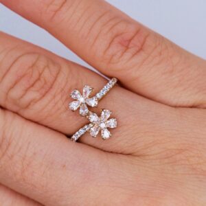 14k Yellow Gold Double Flower Cz Fancy Ring