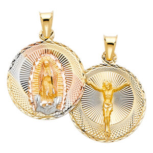 14K Tri Gold Virgin Mary and Jesus Double-Sided Pendant