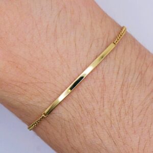 14K Yellow Gold Thin Cuban Link Dainty ID Bar Bracelet