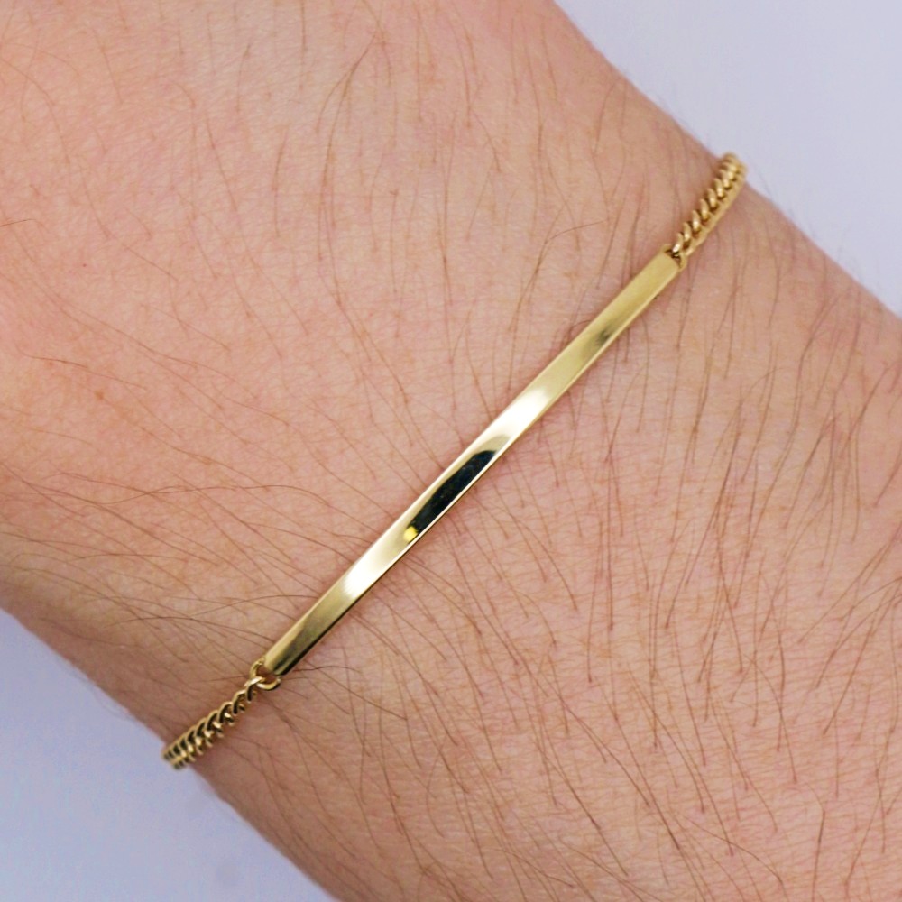 14K Yellow Gold Thin Cuban Link Dainty ID Bar Bracelet