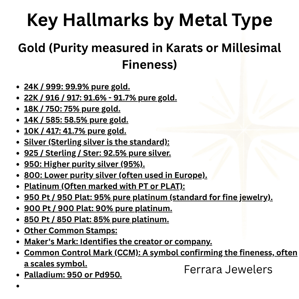 hallmarks indicating gold, silver, or platinum quality ferrara jewelers