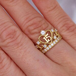 14k Yellow Gold Quinceañera Sweet 15 Cubic Zirconia Crown Ring