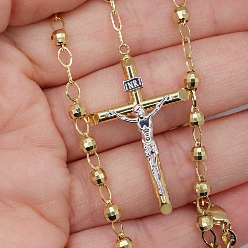 14k-yellow-gold-jesus-mary-rosary-necklace-jewelry 14k Yellow Gold Virgin Mary and Jesus Cross Rosary Necklace