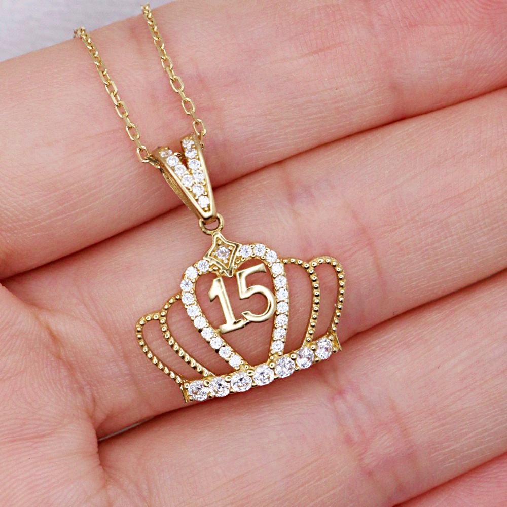 14k Yellow Gold Quinceañera Crown CZ Pendant